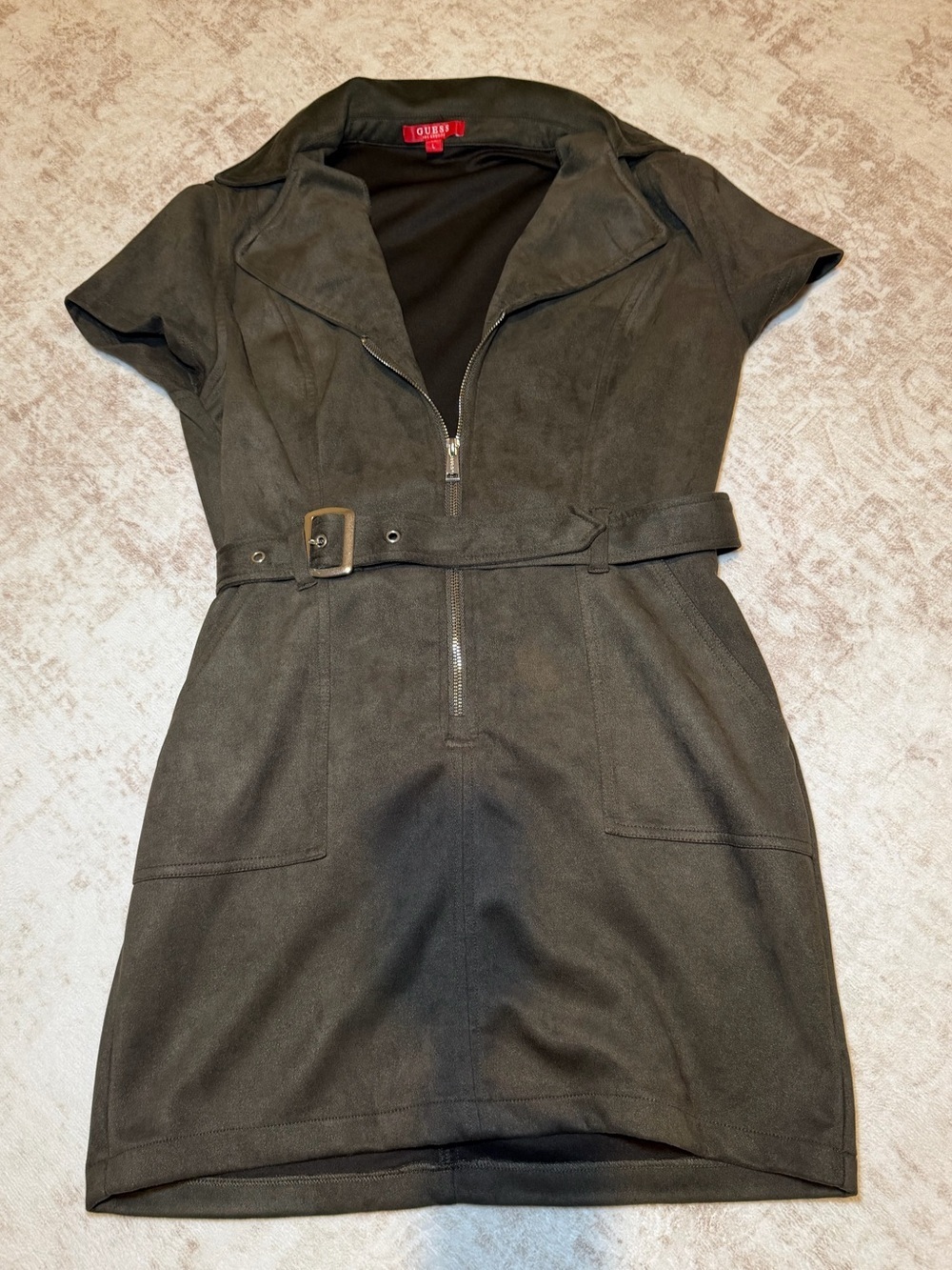 GUESS Vintage Olive Short-Sleeve Suede Zip Belted Dress Women’s Large